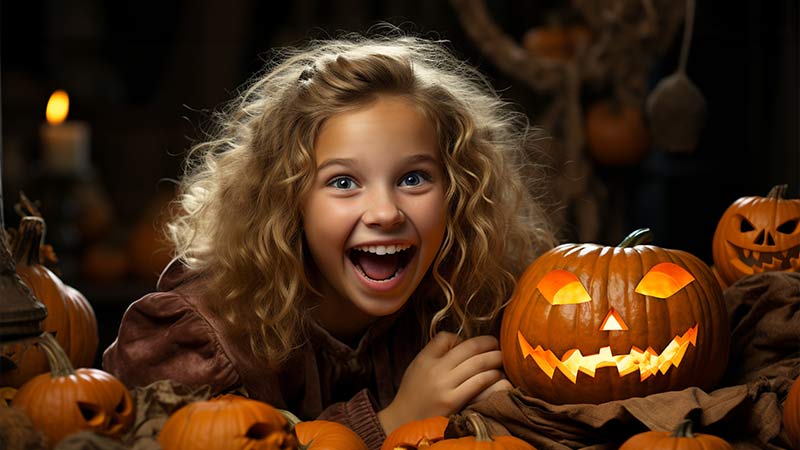 Girl smiling at pumpkin lights event